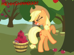 Size: 1024x768 | Tagged: source needed, safe, artist:proponypal, applejack, g4, apple, basket, cold, female, fetish, red nosed, sick, sneezing, sneezing fetish, snot, solo, sweet apple acres, tree, working