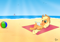 Size: 1300x915 | Tagged: safe, artist:didipig, applejack, earth pony, pony, g4, beach, beach ball, female, on back, reading, solo, water