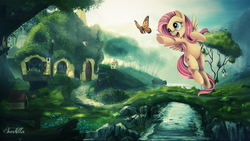 Size: 1920x1080 | Tagged: safe, artist:sunkilla-fr, fluttershy, bird, butterfly, pegasus, pony, g4, animal, armpits, cute, female, fluttershy's cottage, scenery, scenery porn, shyabetes, solo, wallpaper