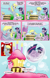 Size: 744x1156 | Tagged: safe, artist:henbe, derpy hooves, dinky hooves, pinkie pie, twilight sparkle, alicorn, pony, g4, bubble, bubblemaster, clothes line, comic, female, laundry, mare, soap bubble, sugarcube corner, twilight sparkle (alicorn), twilybuse