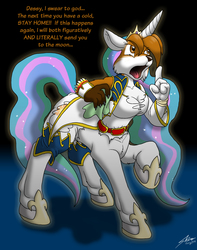 Size: 1181x1495 | Tagged: safe, artist:catmonkshiro, princess celestia, oc, ponytaur, taur, g4, dialogue, drama, furry, non-mlp oc, pegataur, solo, transformation