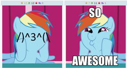 Size: 511x273 | Tagged: safe, rainbow dash, derpibooru, g4, awesome face, dashface, exploitable meme, juxtaposition, juxtaposition win, meme, meta, so awesome