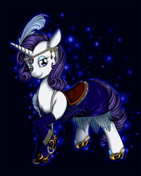 Size: 823x1029 | Tagged: safe, artist:longinius, rarity, pony, unicorn, g4, bedroom eyes, bracelet, clothed ponies, clothes, dress, feather, female, flapper, floppy ears, grin, headdress, jewelry, looking at you, necklace, raised hoof, saddle, smiling, solo