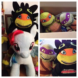 Size: 500x500 | Tagged: safe, rainbow dash, pegasus, pony, g4, build-a-bear, donatello, female, how to train your dragon, irl, mare, michelangelo, photo, plushie, teenage mutant ninja turtles, tmnt 2012, toothless the dragon