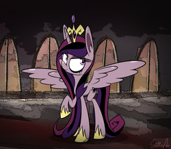 Size: 1500x1300 | Tagged: safe, artist:slitherpon, princess cadance, moody mark crusaders, g4, corrupted, dark, female, queen cadance, raised hoof, smiling, solo, spread wings