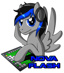 Size: 1046x1200 | Tagged: safe, oc, oc only, oc:nova flash, pegasus, pony, badge, black, blue, con badge, gray, launch, launch pad, music, request, solo