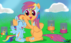 Size: 1000x600 | Tagged: safe, artist:serenawatchmen, rainbow dash, scootaloo, pegasus, pony, g4, bodypaint, cloud, cute, cutealoo, daaaaaaaaaaaw, eyes closed, female, filly, grass, happy, hug, mare, noogie, open mouth, paint, paint bucket, paint in hair, paint on feathers, paint on fur, paintbrush, painting characters, palette swap, rainbow paint, recolor, role reversal, scootalove, sitting, smiling, spread wings, wings