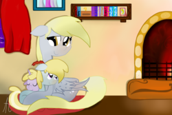 Size: 1024x683 | Tagged: safe, artist:a-happy-thought, chirpy hooves, derpy hooves, dinky hooves, pegasus, pony, g4, chirpabetes, cuddling, cute, derpabetes, dinkabetes, equestria's best mother, female, fireplace, mare, snuggling