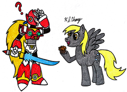 Size: 930x672 | Tagged: safe, artist:stealthninja5, derpy hooves, pegasus, pony, g4, capcom, confused, crossover, female, mare, megaman x, muffin, traditional art, zero