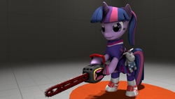 Size: 1920x1080 | Tagged: safe, artist:yoksaharat, smarty pants, twilight sparkle, pony, unicorn, g4, 3d, bipedal, blood, cheerleader, clothes, cosplay, female, glare, hoof hold, lollipop chainsaw, ponytail, shoes, smiling, smirk, sneakers, solo, source filmmaker, stage.bsp, voice actor joke