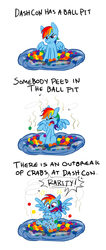 Size: 834x1962 | Tagged: safe, artist:lightfantastictgc, rainbow dash, pegasus, pony, g4, ball pit, comic, crabs, dashcon, disgusted, female, frown, glare, grumpy, implied rarity fighting a giant crab, open mouth, sexually transmitted disease, shocked, sitting, smelly, solo, spread wings, tongue out, unamused, urine, wide eyes, yelling