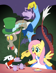 Size: 1000x1286 | Tagged: safe, artist:empty-10, angel bunny, discord, fluttershy, draconequus, pegasus, pony, rabbit, g4, alice in wonderland, animal, crossover, disney, mad hatter