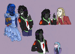 Size: 1280x924 | Tagged: safe, artist:moonraven-sparrow-summerpalette, king sombra, princess luna, oc, oc:drizzle, elf, human, ask king sombra, g4, book, clothes, dress, female, flirting, humanized, humanized oc, implied lumbra, male, pony coloring, ship:lumbra, shipping, straight, sunglasses, the hobbit, thranduil