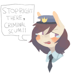 Size: 1267x1339 | Tagged: dead source, safe, artist:berrydrops, oc, oc only, oc:pocket, semi-anthro, clothes, crying, female, meme, police, simple background, solo, speech bubble, stop right there criminal scum, teary eyes, uniform, white background