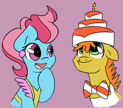 Size: 2305x2016 | Tagged: safe, artist:gummigator, carrot cake, cup cake, earth pony, pony, g4, candle, female, hat, high res, male, mare, stallion