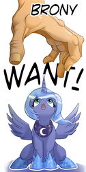 Size: 1000x1987 | Tagged: safe, artist:hattonslayden, princess luna, human, g4, brony, bronybait, disembodied hand, filly, hand, looking up, open mouth, s1 luna, sitting, spread wings, woona