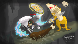 Size: 4000x2250 | Tagged: safe, artist:leirbagahcor, princess celestia, g4, armor, banana, banana monster, cave, club (weapon), crossover, dark souls, fight, meme, monster, praise the sun, shield, solaire of astora, sword, warrior celestia, weapon, yaranaika