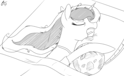 Size: 1280x782 | Tagged: safe, artist:iraincloud, princess luna, lunadoodle, g4, bed, drool, female, majestic as fuck, monochrome, pillow, sleeping, snoring, solo