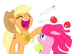 Size: 2048x1536 | Tagged: safe, artist:birdivizer, applejack, pinkie pie, g4, apple, element of honesty, nose in the air, pinkamena diane pie, simple background, startled, transparent background, uvula, vector, wide eyes