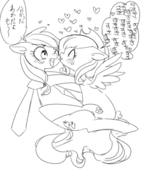 Size: 700x845 | Tagged: safe, artist:nitronic, applejack, oc, g4, canon x oc, japanese, monochrome, pixiv