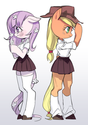 Size: 700x990 | Tagged: safe, artist:nitronic, applejack, oc, oc:floating s petal, pony, semi-anthro, g4, back to back, bipedal, clothes, floppy ears, pixiv, school uniform, simple background, stockings, thigh highs, white background