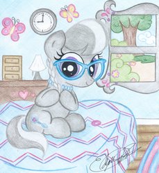 Size: 2304x2512 | Tagged: safe, artist:jackie00liza, silver spoon, butterfly, pony, g4, bed, bedroom, braid, clock, cute, female, flower, furniture, glasses, happy, heart, high res, lamp, rug, silverbetes, sitting, smiling, solo, traditional art, tree, window