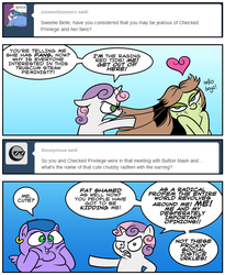 Size: 1024x1246 | Tagged: safe, artist:catfood-mcfly, sweetie belle, oc, oc:candy skies, oc:checked privilege, oc:fat shamed, earth pony, pegasus, pony, unicorn, g4, ask, cute, dialogue, earring, fat, female, filly, fury belle, heart, hypocritical humor, looking at you, mare, parody, social justice warrior, speech bubble