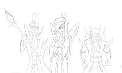 Size: 2894x1728 | Tagged: safe, artist:rubbermage, queen chrysalis, changeling, human, g4, armor, clothes, dress, helmet, humanized, monochrome, sketch, spear
