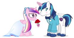 Size: 937x485 | Tagged: safe, artist:dm29, princess cadance, shining armor, g4, alternate hairstyle, blushing, bouquet, clothes, dress, duo, magic, rose, simple background, suit, transparent background