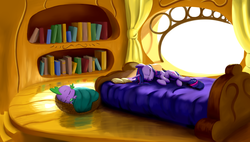 Size: 3657x2078 | Tagged: safe, artist:nadnerbd, spike, twilight sparkle, dragon, pony, unicorn, g4, baby, baby dragon, bed, book, bookshelf, drool, duo, female, golden oaks library, high res, male, mare, sleeping, twilight's bed, twilight's bedroom, unicorn twilight, window
