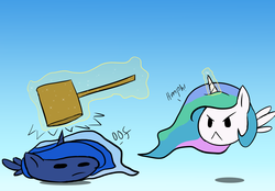 Size: 6250x4356 | Tagged: safe, artist:icesticker, princess celestia, princess luna, alicorn, pony, lunadoodle, g4, :<, absurd resolution, angry, blob ponies, chubbie, frown, glare, hammer, hitting, jumping, levitation, magic, mallet, one word, oof, squishy, telekinesis, too many ponies