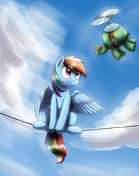 Size: 2655x3344 | Tagged: safe, artist:otakuap, rainbow dash, tank, g4, behaving like a bird, flying, high res, power line, sitting, sky, smiling, spread wings