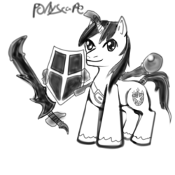 Size: 1400x1400 | Tagged: artist needed, safe, shining armor, g4, dragon longsword, male, monochrome, rune kiteshield, runescape, solo