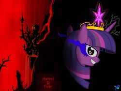 Size: 2048x1536 | Tagged: safe, artist:meirei, twilight sparkle, alicorn, pony, g4, big crown thingy 2.0, canterlot, corrupted, female, jewelry, pixiv, solo, sombra eyes, tiara, twilight sparkle (alicorn), tyrant sparkle