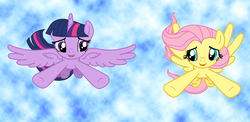 Size: 2101x1027 | Tagged: safe, artist:majkashinoda626, fluttershy, twilight sparkle, alicorn, pony, g4, duo, duo female, female, flying, lesbian, mare, ship:twishy, shipping, sky, spread wings, twilight sparkle (alicorn), wings