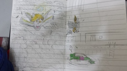 Size: 4128x2322 | Tagged: safe, artist:horsesplease, derpy hooves, oc, oc:anon, pegasus, pony, g4, female, happy, inspiration, lined paper, mare, swimming pool, traditional art