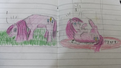 Size: 4128x2322 | Tagged: safe, artist:horsesplease, pinkie pie, g4, carpet, eating, grazing, herbivore, horses doing horse things, lined paper, oh no, on back, open mouth, pinkamena diane pie, pinkie clone, rolling, surprised, traditional art, wide eyes