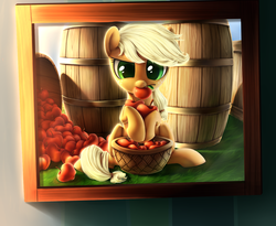 Size: 1400x1150 | Tagged: safe, artist:chryseum, applejack, earth pony, pony, g4, apple, barrel, basket, biting, cute, female, frame, framed picture, frown, hoof hold, jackabetes, looking at you, mouth hold, nom, picture frame, raised eyebrow, sitting, solo, younger