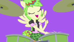 Size: 1280x720 | Tagged: safe, artist:berrypunchrules, cherry crash, equestria girls, g4, my little pony equestria girls: rainbow rocks, background human, base used, drums, female, musical instrument, ponied up, solo