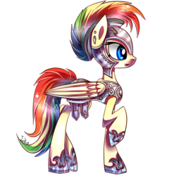 Size: 900x900 | Tagged: dead source, safe, artist:inky-pinkie, oc, oc only, oc:ivory bolt, pegasus, pony, armor, ear piercing, fangs, helmet, open mouth, piercing, raised hoof, simple background, solo, transparent background