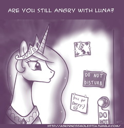 Size: 1280x1326 | Tagged: safe, artist:10111, princess celestia, ask prncss molestia, princess molestia, g4, e3, female, monochrome, note, solo, tumblr