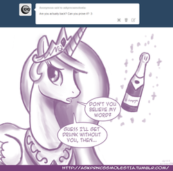 Size: 900x888 | Tagged: safe, artist:10111, princess celestia, ask prncss molestia, princess molestia, g4, alcohol, bottle, champagne, female, monochrome, solo, wine, wine bottle