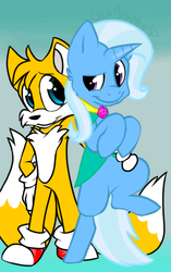 Size: 408x648 | Tagged: safe, artist:gatoamante, trixie, pony, g4, bipedal, cape, clothes, crossover, duo, eye contact, male, miles "tails" prower, smiling, smirk, sonic team, sonic the hedgehog (series)