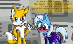 Size: 471x286 | Tagged: safe, artist:gatoamante, trixie, g4, blushing, cape, clothes, crossover, crossover shipping, dialogue, male, miles "tails" prower, sonic team, sonic the hedgehog (series), tarixie