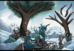Size: 3000x2068 | Tagged: safe, artist:sceathlet, queen chrysalis, changeling, changeling queen, nymph, g4, bare tree, clothes, female, high res, looking at you, mommy chrissy, scarf, sitting, smiling, snow, snowfall, tail bite, tree, winter