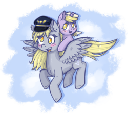 Size: 1024x921 | Tagged: safe, artist:kyaokay, derpy hooves, dinky hooves, pegasus, pony, g4, equestria's best mother, female, flying, happy, hat, mare