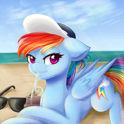 Size: 1000x1000 | Tagged: safe, artist:chiweee, rainbow dash, pegasus, pony, g4, baseball cap, beach, cloud, coaching cap, crazy straw, drink, drinking, female, glasses, hat, looking at you, lying, mare, sand, sipping, sky, solo, straw, sunglasses, water