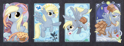Size: 1800x675 | Tagged: safe, artist:soulscapecreatives, derpy hooves, pegasus, pony, g4, female, flying, letter, mailbag, mare, mouth hold, muffin, paper bag, paper bag princess, paper bag wizard, solo, traditional art, weather vane