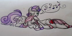 Size: 1530x771 | Tagged: safe, artist:rareponypairings, nurse redheart, sweetie belle, earth pony, pony, unicorn, g4, crack shipping, duo, female, lesbian, music notes, older, shipping, singing, sweetieheart, tired, traditional art