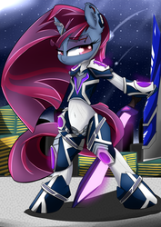 Size: 1024x1450 | Tagged: safe, artist:madacon, oc, oc only, unicorn, semi-anthro, armor, belly button, midriff, solo, sword, weapon